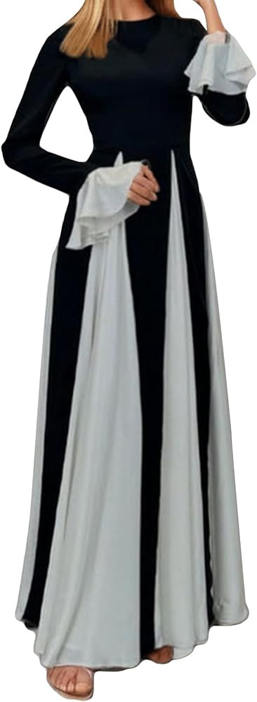 Wedding Guest Dresses for Women Elegant Long Sleeve Patchwork Pleated Swing Long Dress Formal Max... | Amazon (US)