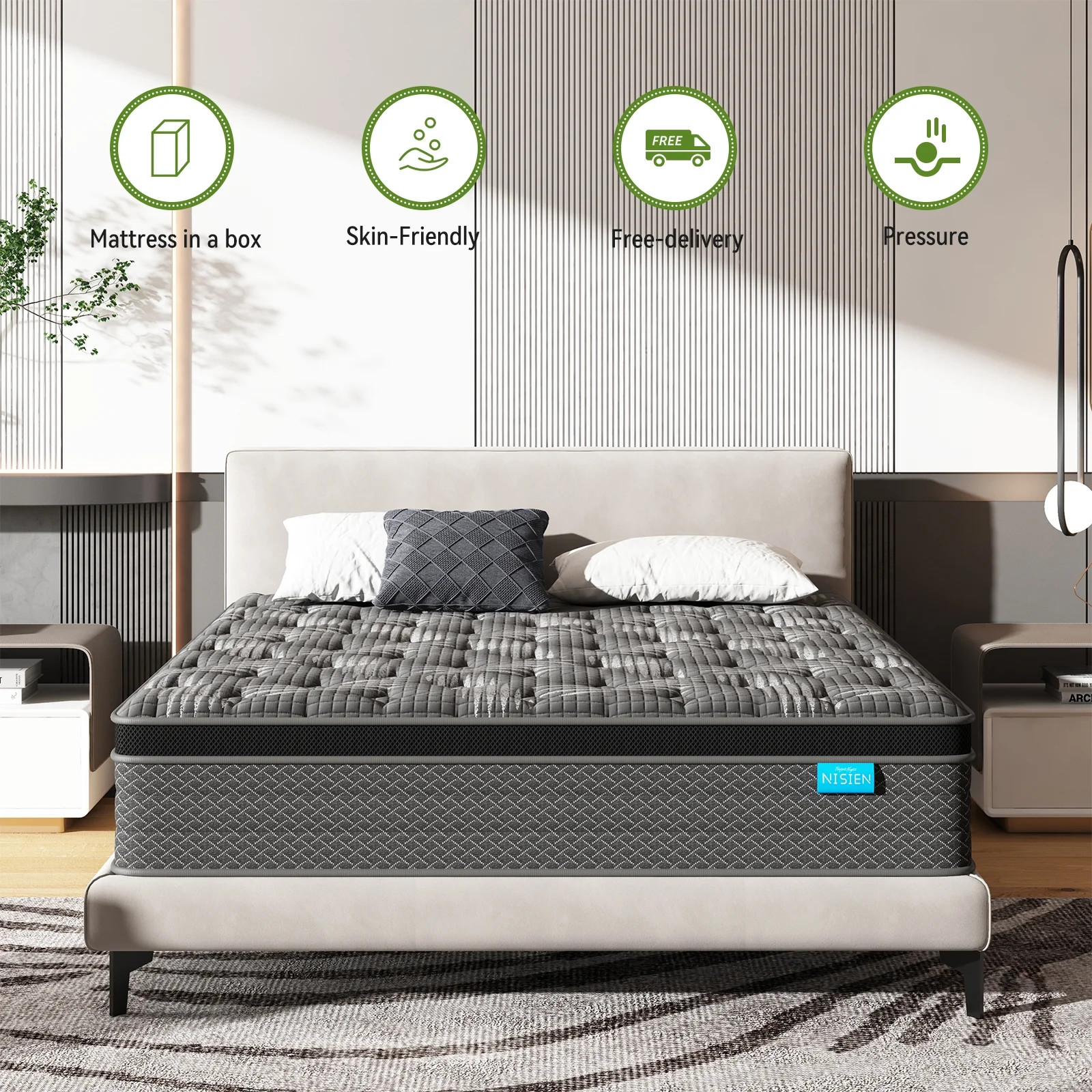 Nisien Black 10 inch Queen Mattress, Cooling Gel Memory Foam Hybrid Mattress in a box, Queen, Med... | Walmart (US)