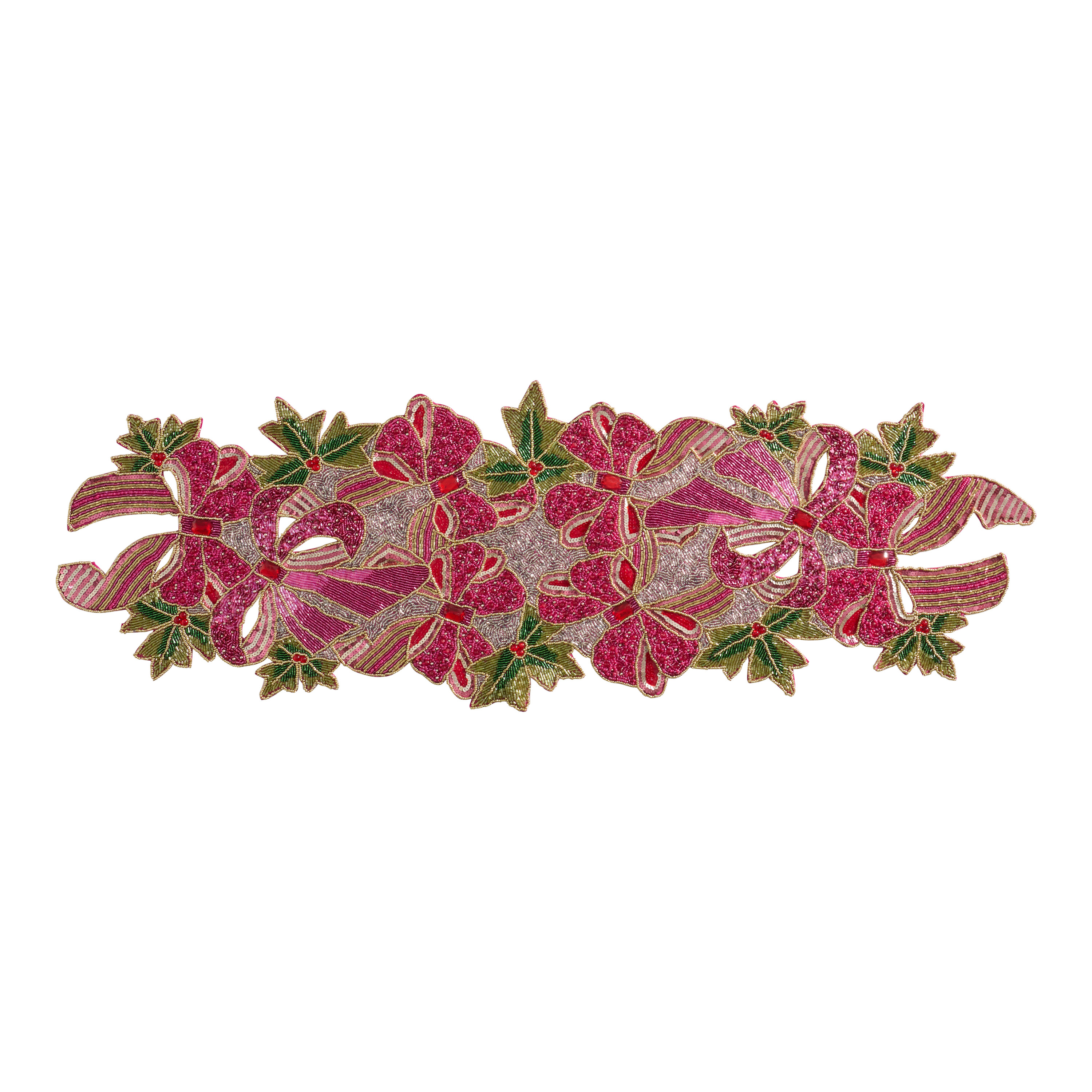 Pink and Silver Bow and Holly Beaded Table Runner | World Market