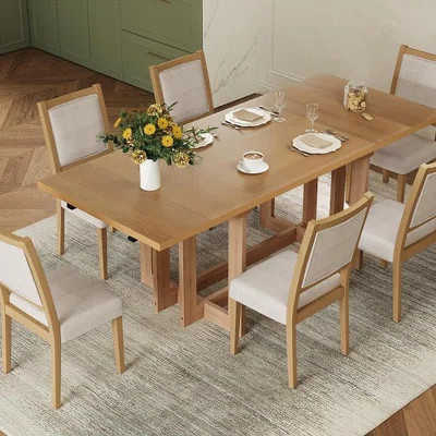 Rustic 82Inch 7-Piece Extendable Dining Table Set, Trestle Kitchen Table With 6 Upholstered Dining Chairs And Two 12'' Removable Leaf, Natural+Beige | Wayfair North America