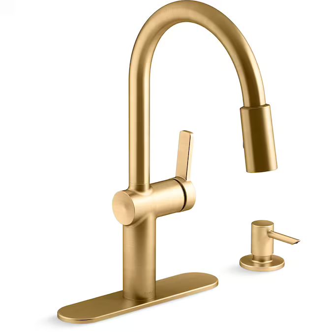 KOHLER Koi Vibrant Moderne Brushed Brass 1-Handle Deck-Mount Pull-Down Handle Kitchen Faucet (Dec... | Lowe's