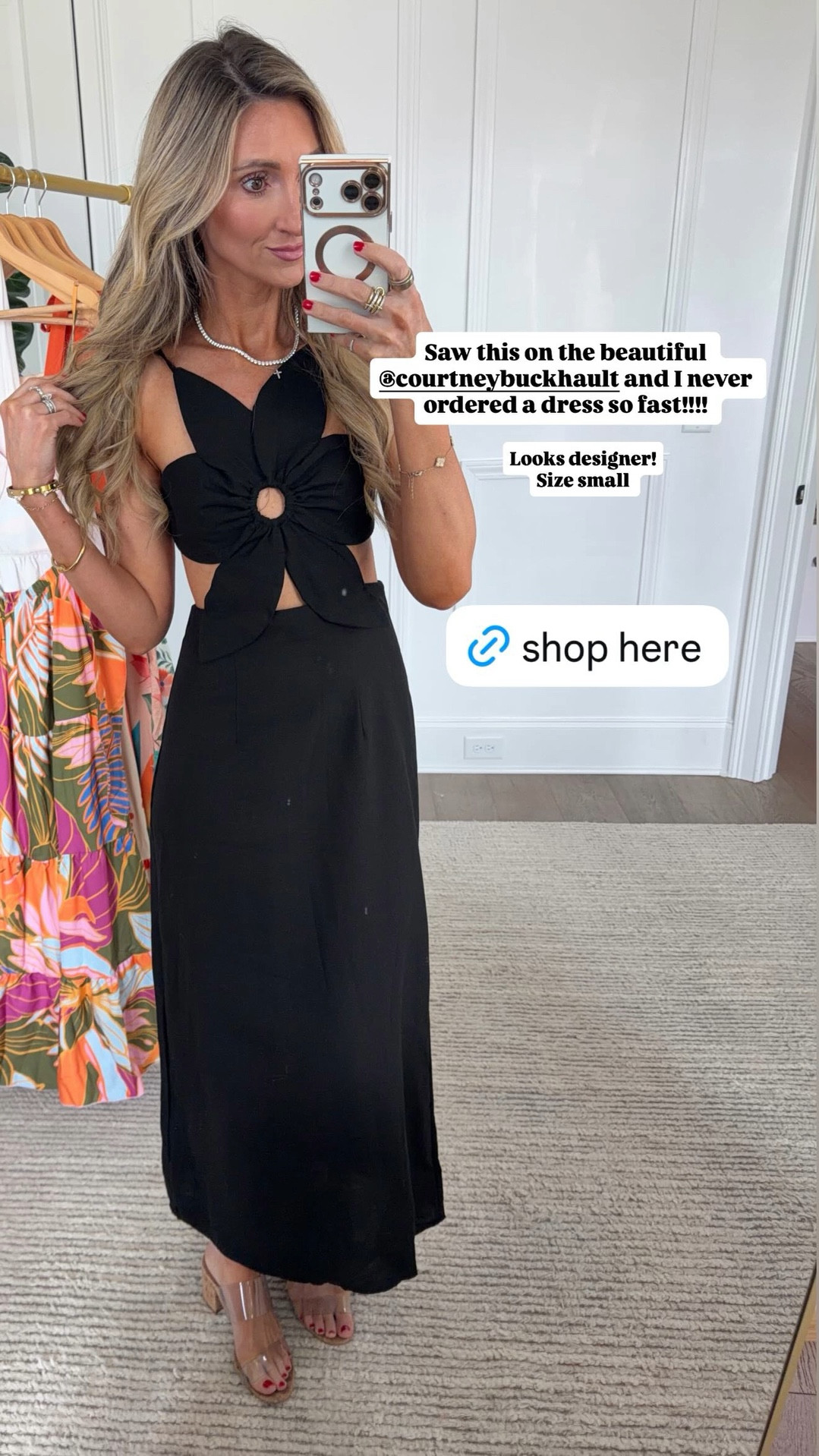 Saw this on the beautiful @courtneybuckhault and I never ordered a dress so fast!!!! Looks designer!
Size small