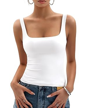 Womens Square Neck Tank Tops Double Lined Basic Tanks Sleeveless 2025 Summer Collection | Amazon (US)
