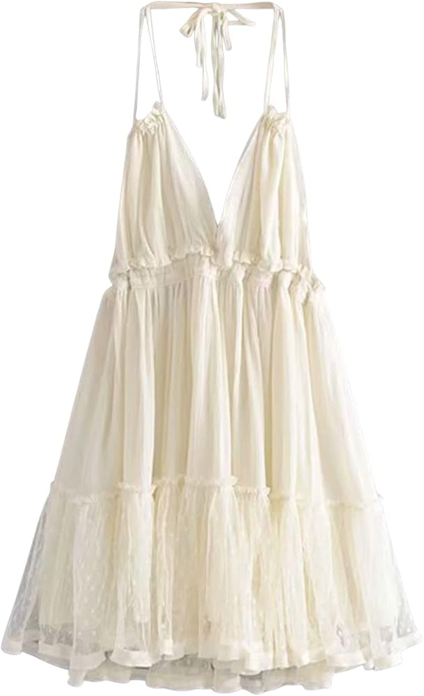 MakeMeChic Women's Halter Deep V Neck Tied Backless Mesh Ruffle Swing Dress | Amazon (US)