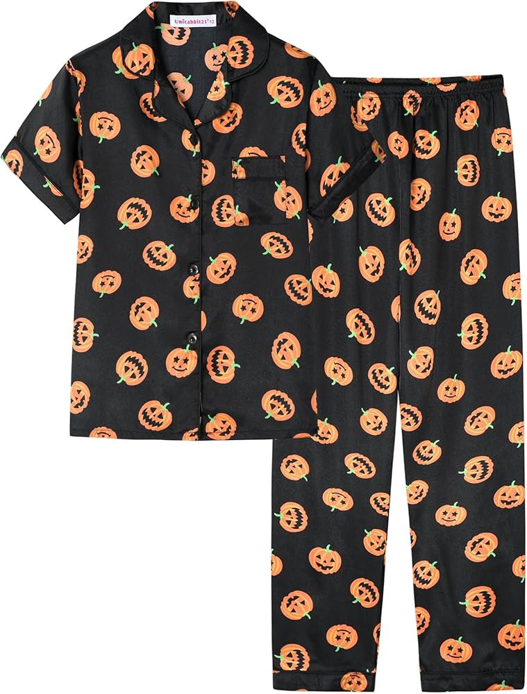 Black Pumpkin Halloween Satin Pajamas for Big Girls Silk Button Down Short Sleeve & Pants PJS 2PC... | Amazon (US)