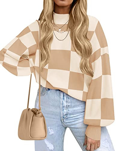 ZESICA Women's 2025 Fall Fashion Turtleneck Long Sleeve Striped Ribbed Knit Loose Pullover Sweater Tops Khaki Plaid XX-Large | Amazon (US)