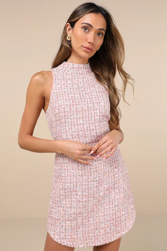 Glittery Poise Pink Multi Tweed Sleeveless Mini Dress | Lulus