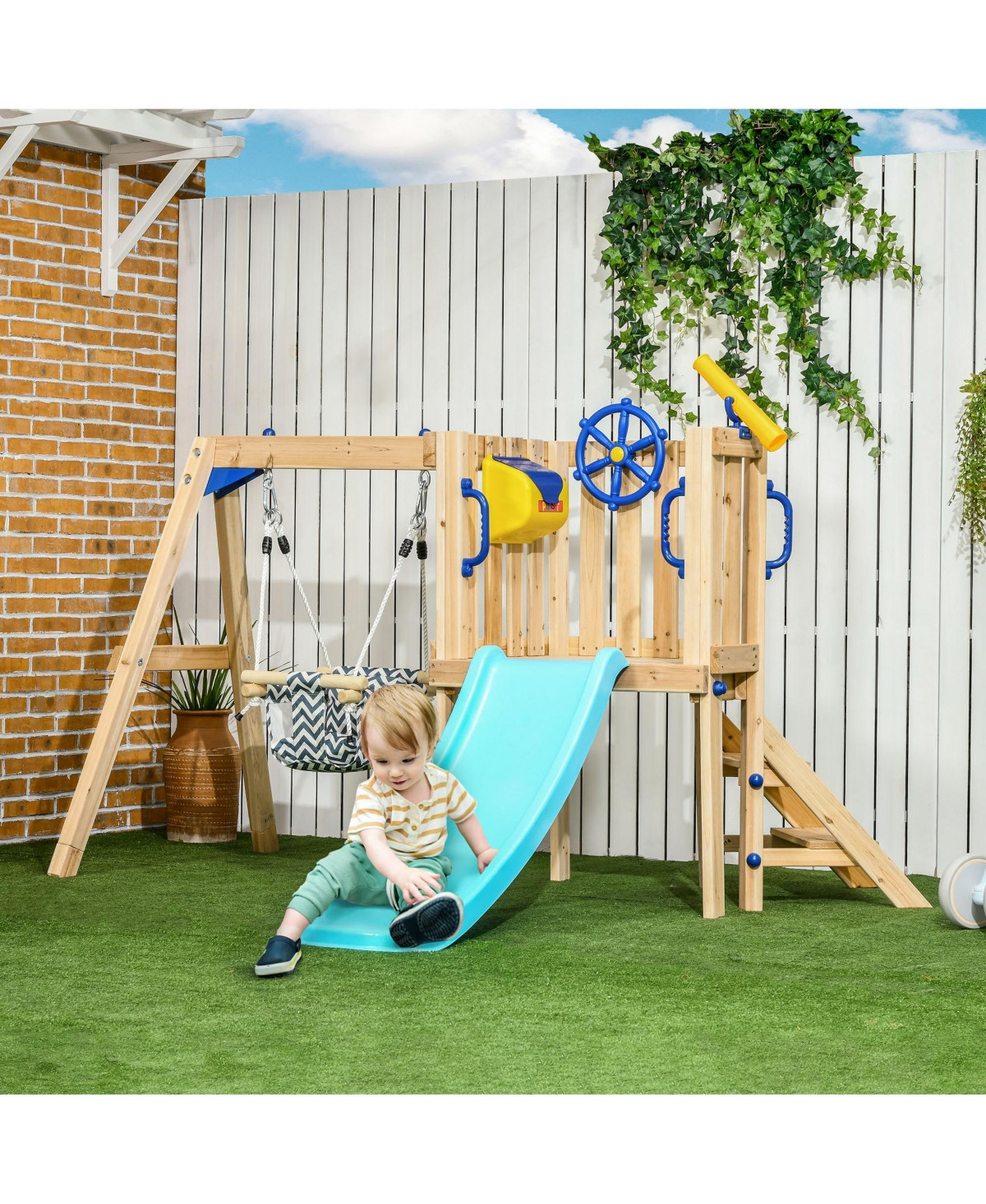 Outsunny 3 in 1 Wooden Outdoor Playset with Baby Swing Seat, Toddler Slide, Captain's Wheel, Telescope, Backyard Playground Set, Kids Playground Equip | Macy's
