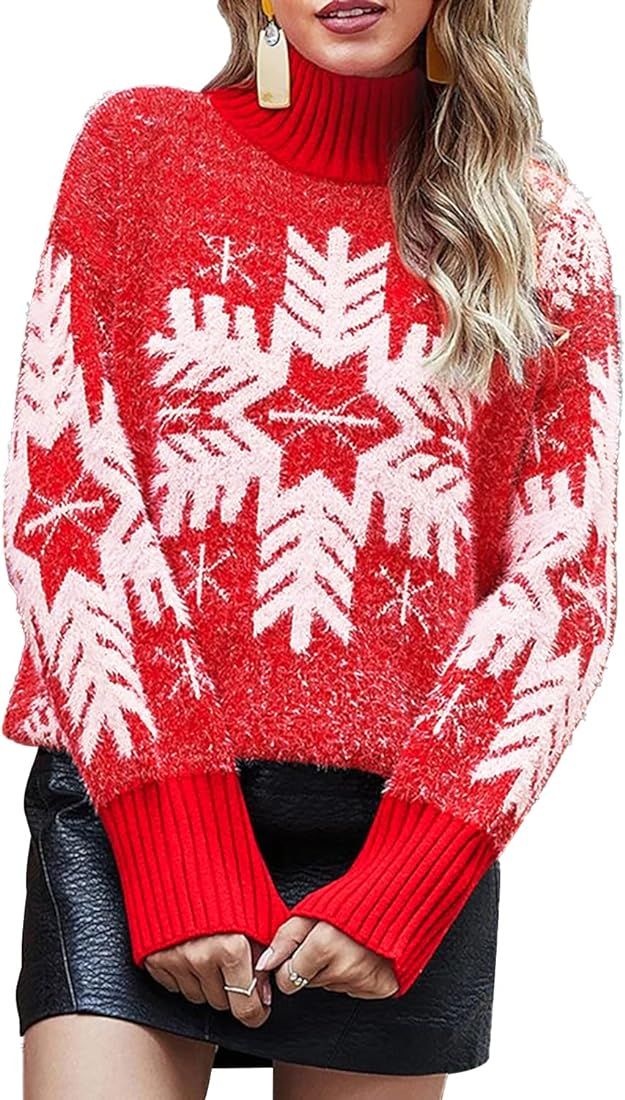 Womens Knitted Sweater Ugly Christmas Reindeer Snowflake Graphic Long Sleeve Knit Pullover Turtlenec | Amazon (US)