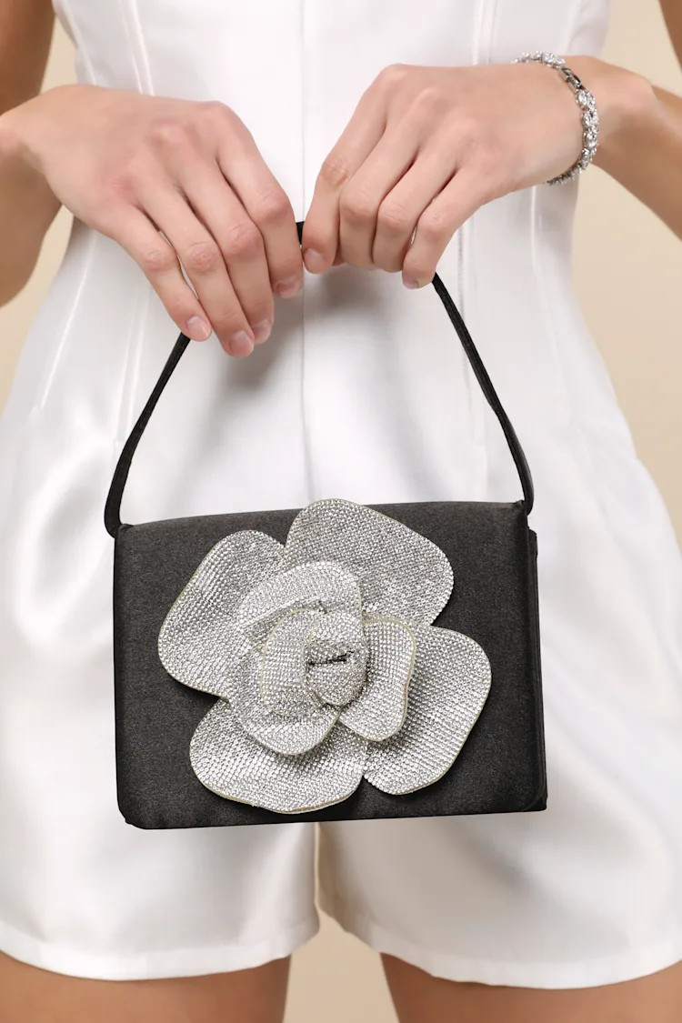 Gwenda Black Satin Rhinestone Flower Mini Handbag | Lulus