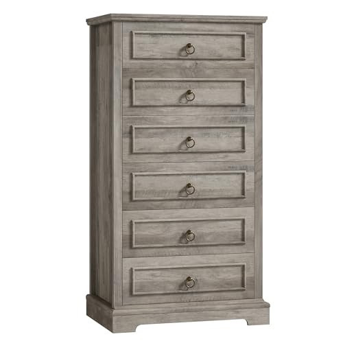HOSTACK 6 Drawer Dresser for Bedroom, 52" Tall Dresser, Modern Farmhouse Vertical Chest of Drawers for Bedroom, Wooden Closet Chest, Wood Storage Cabinet for Living Room, Hallway, Entryway, Ash Grey | Amazon (US)