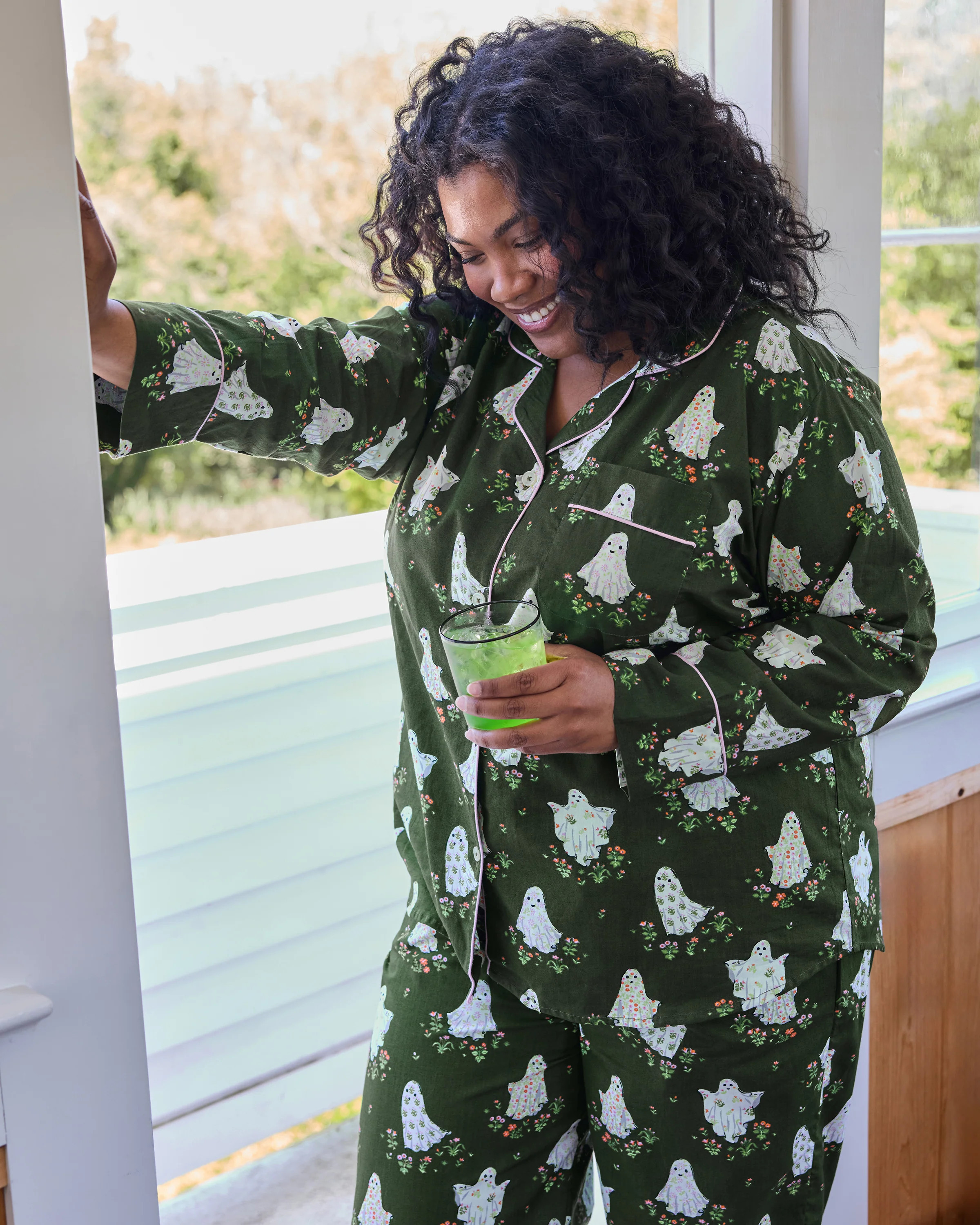 Organic Cotton Long Pajama Set in Gardening Ghosts | Women's Petite XS/P | Green | | Sleepwear | Printfresh