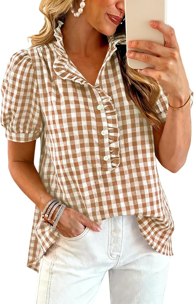 Women's Short Puff Sleeve Button Down Shirts Striped Plaid Ruffle Stand Collar Shirt Summer Tops ... | Amazon (US)