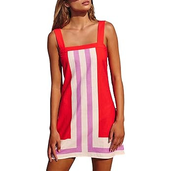 Fiona Jolin Women's Striped Mini Dress Boho Shoulder Strap Sundress Summer Cover Up Dress for Bea... | Amazon (US)