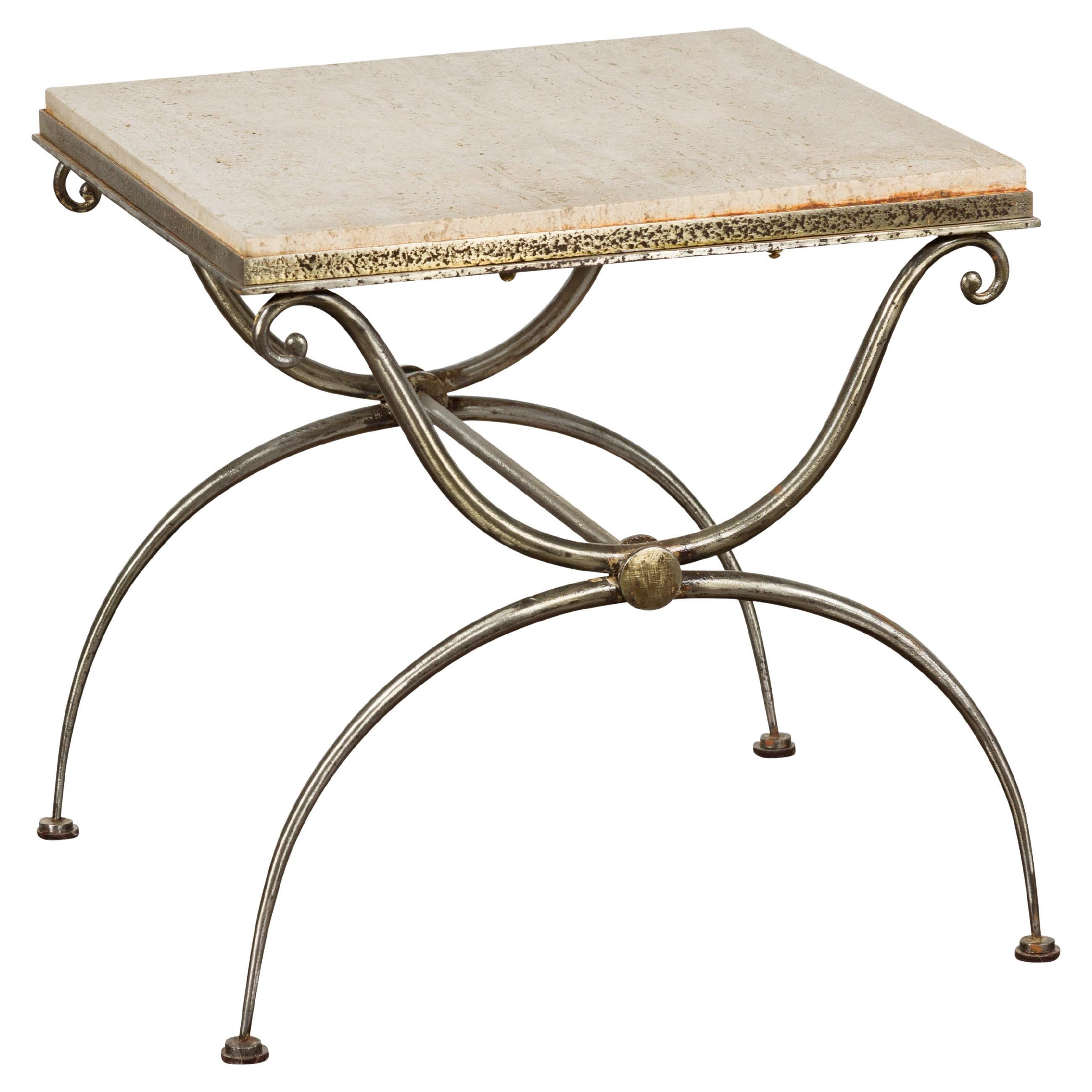 Midcentury French Steel Side Table with Marble Top and Scrolling Supports | 1stDibs