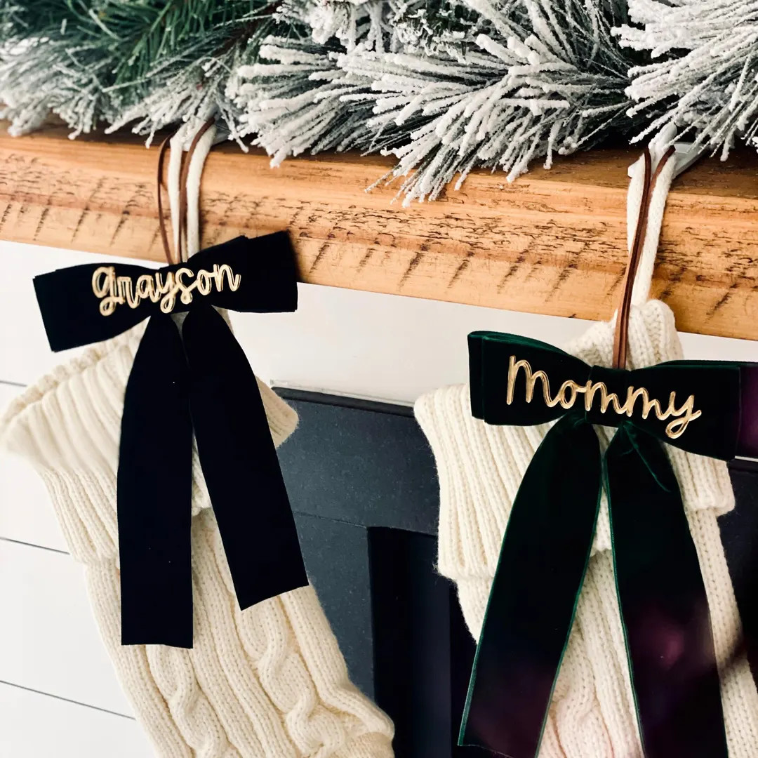 Personalized Velvet Coquette Bow Stocking Name Tag: Christmas Place Card - Etsy | Etsy (US)