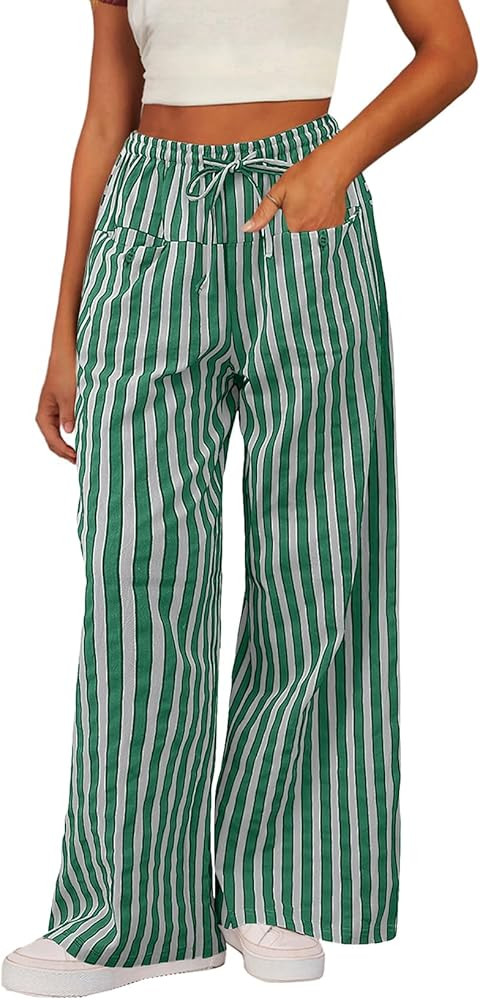 Acelitt Women Casual Drawstring Elastic Waist Loose Wide Leg Striped Pants with Pockets, S-XXL | Amazon (US)
