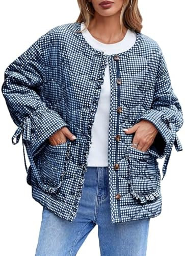 Tankaneo Womens Cropped Quilted Puffer Jackets Lightweight Plaid Button Down Bow Padded Down Coat | Amazon (US)