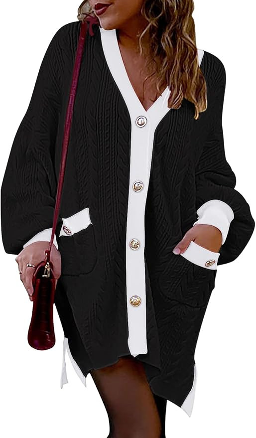 Pink Queen 2023 Fall Cardigan for Women Long Sleeve Colorblock Cable Knit Oversized Cardigans Swe... | Amazon (US)