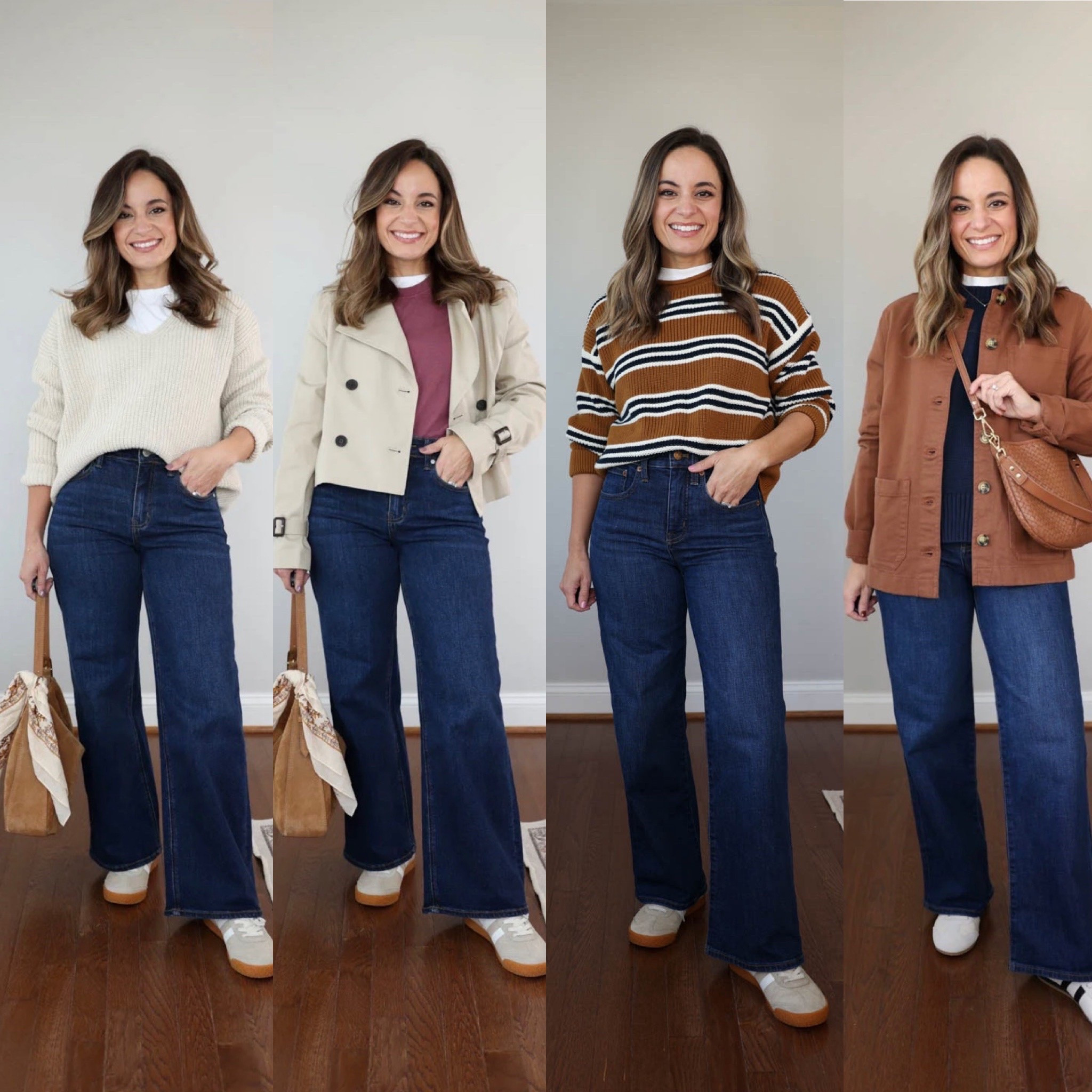 What shoes to wear with wide leg jeans for petites! 

Sneakers

Outfit 1 
Jeans (Quince): 24 short in midnight blue (28” inseam)
Sweater (Quince): xs in speckled beige 
White top (Quince): xs
Sneakers (Gola): true to size 

Outfit 2 
Jeans (Quince): 24 short in midnight blue (28” inseam)
Top (Quince): xs 
Jacket (Aritzia): xxs (sleeves are long) 

Outfit 3 
Jeans (Madewell): petite 24 (10 3/8” rise, 28” inseam) 
Sweater (Madewell): xxs 
T-Shirt (Old Navy): petite xs 
Sneakers (Gola)

Outfit 4 
Jeans (Madewell): petite 24 (10 3/8” rise, 28” inseam) 
Jacket (Quince): xs 
Sweater (Quince): xs 
Sneakers (Quince): true to size

#LTKPetite