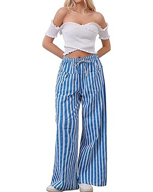 Women Drawstring Stripe Wide Leg Casual Trousers Striped Low Rise Casual Loose Lounge Pants with ... | Amazon (US)