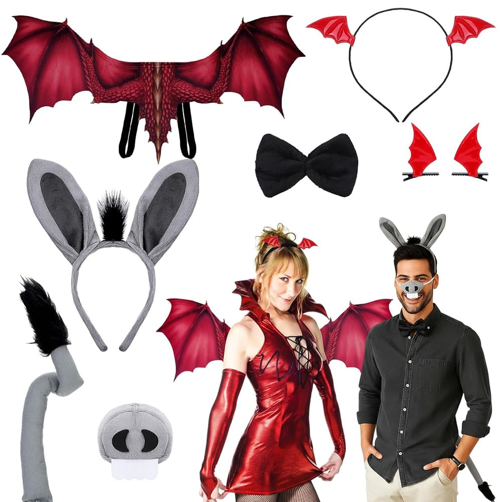 8 Pcs Halloween Dragon Donkey Costume Adult Couple Costume Set Devil Wings Donkey Ears Tail Nose ... | Amazon (US)
