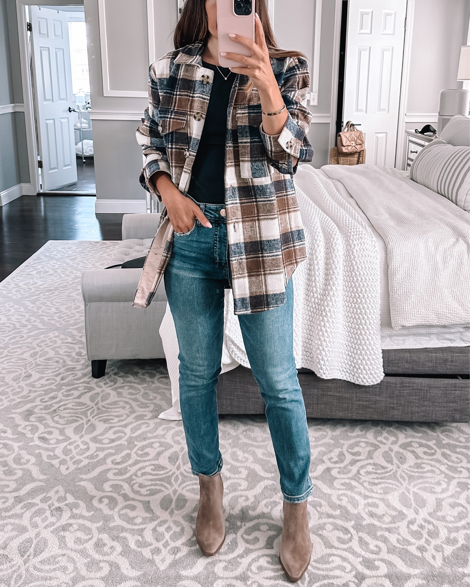 Nsale plaid shacket fall outfit idea. Wearing xs in shacket. Size down in jeans if in between 

#LTKxNSale #LTKFind #LTKsalealert