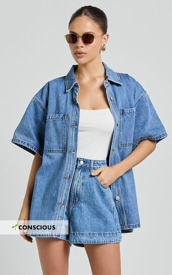 Rhianna Top - Oversized Recycled Denim Short Sleeve Shirt in Mid Blue Wash | Showpo (ANZ)