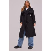 Black Maxi Panel Detail Belted Coat, Black | PrettyLittleThing UK