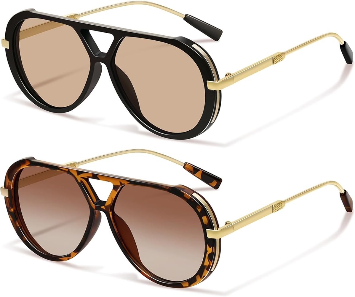 Retro Gold Aviator Sunglasses for Women Men Large Frame 70s Trendy Vintage Style UV Protection Su... | Amazon (US)