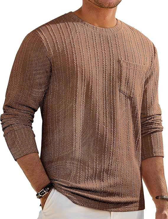 JMIERR Men's Long Sleeve Shirts Casual Crewneck Pullover T-Shirt Stretch Textured Knit Tee with P... | Amazon (US)