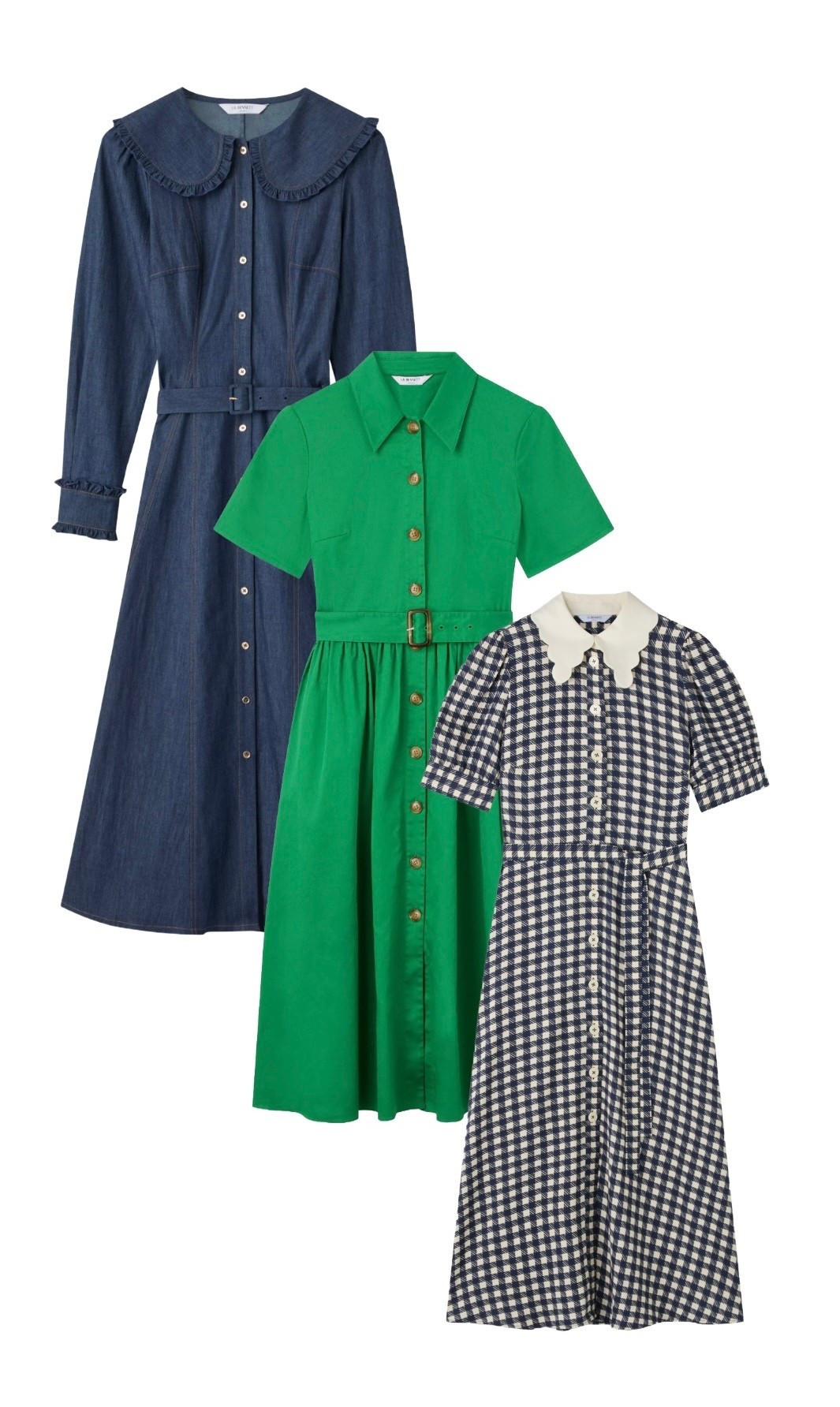 Catch my favourite LK Bennett London SS26 Midi Dresses on a huge clearance sale! From a timeless long sleeve denim button front belted midi dress with pretty collar and full-on prairie vibes, an emerald green short sleeve shirt button front belted dress and an adorable navy & cream  short sleeve gingham belted midi dress with button front and cute contrasting ivory collar. 💙💚🤍

#LTKsale #LTKdresses #LTKspring
