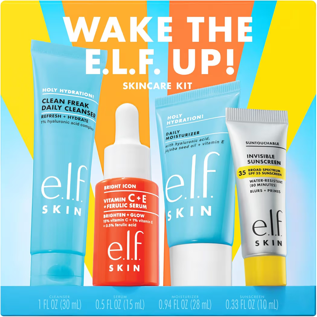 e.l.f. SKIN Wake the e.l.f. Up Skincare Kit, Travel-Size Hydrating Face Cleanser, Sunscreen, Mois... | Amazon (US)
