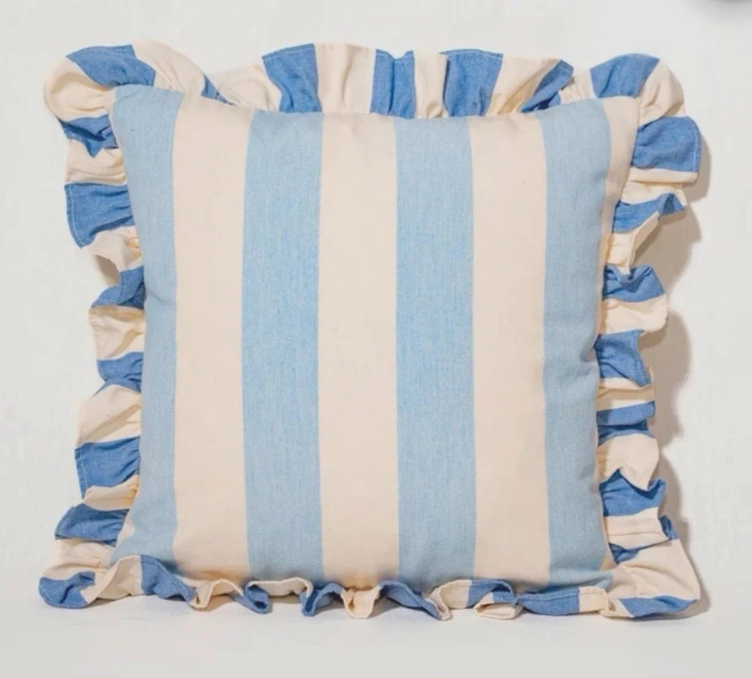 Beautiful blues mid and pale blue designer cushion cover with Ian Mankin Devon Stripe Cotton Hand... | Etsy (US)