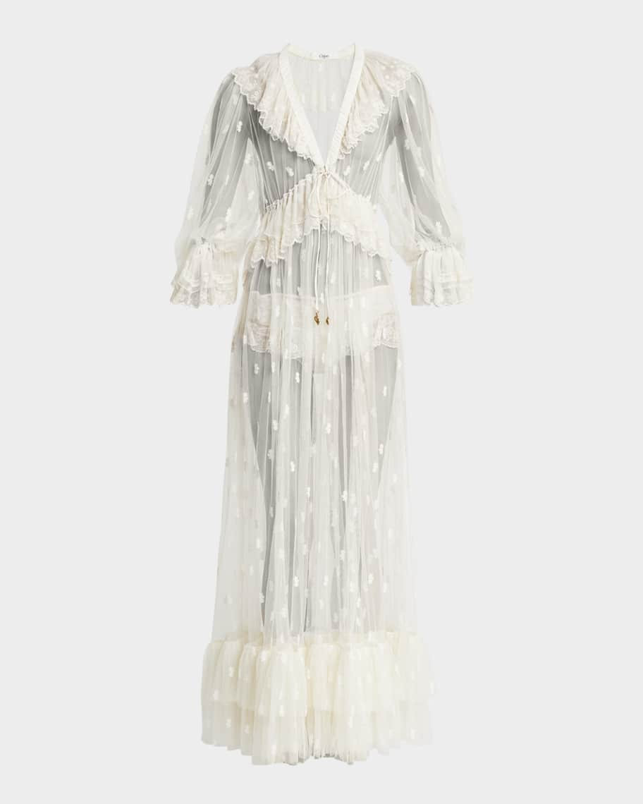 Long Lace Ruffled Drawstring Dress | Neiman Marcus