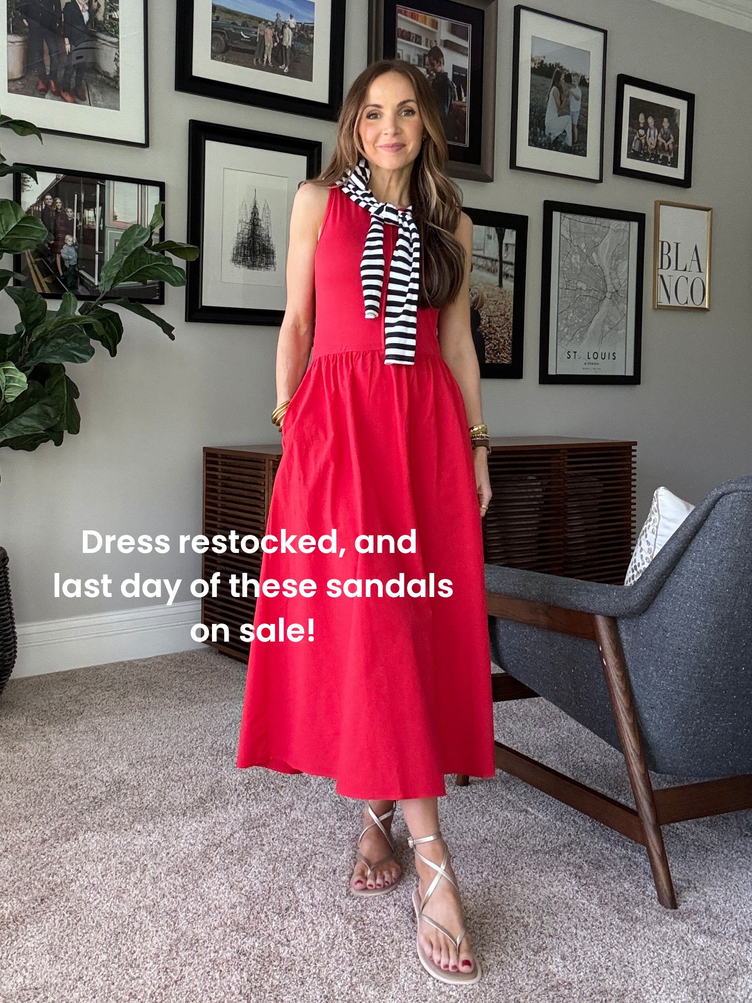 Perfect Summer red dress, metallic sandals on sale with code MWHITE20￼