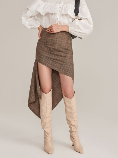 MOTF PREMIUM RAYON ASYMMETRICAL RUCHED CHECKED SKIRT | SHEIN