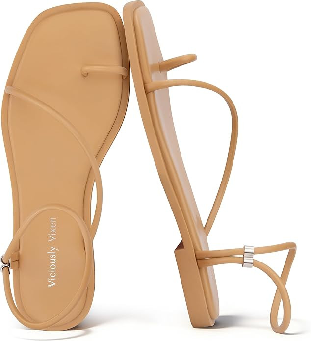 Womens Flats Loop Sandals Square Toe Strappy Ankle Strap Summer Flat | Amazon (US)