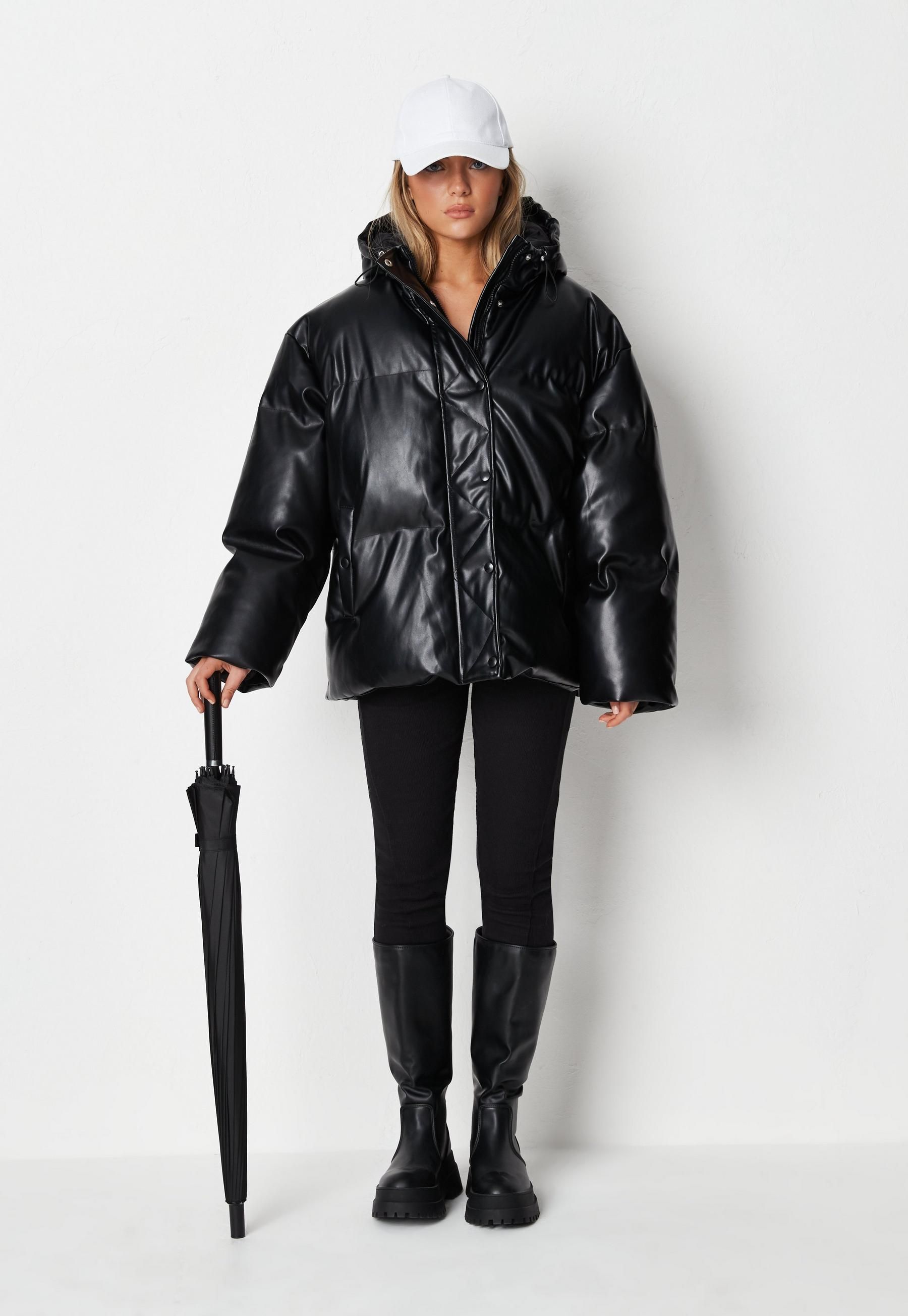 Missguided - Black Faux Leather Placket Detail Puffer Coat | Missguided (US & CA)