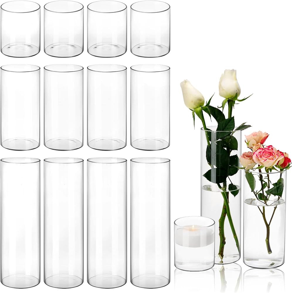 CUCUMI 15pcs Glass Cylinder Vase Hurricane Candle Holder Clear 3 Different Sizes Tall Clear Vases... | Amazon (US)