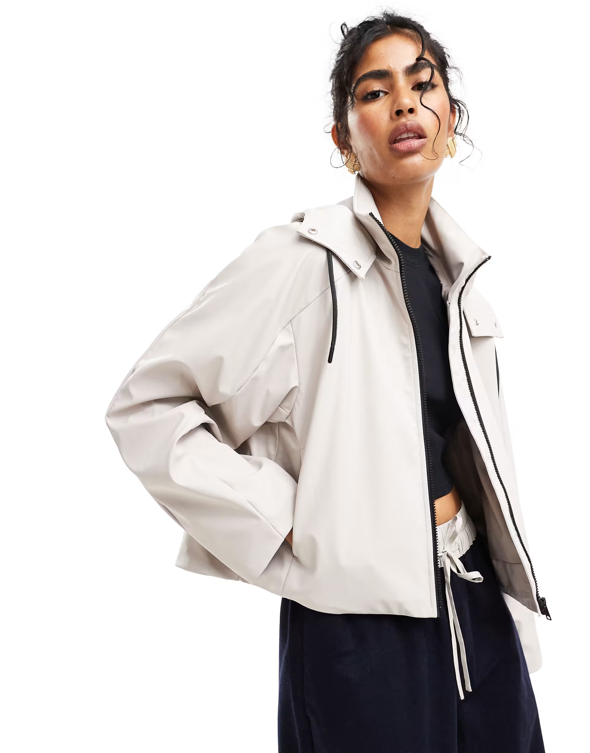 ASOS DESIGN rubberised chuck on rain jacket with pocket detail in stone | ASOS (Global)