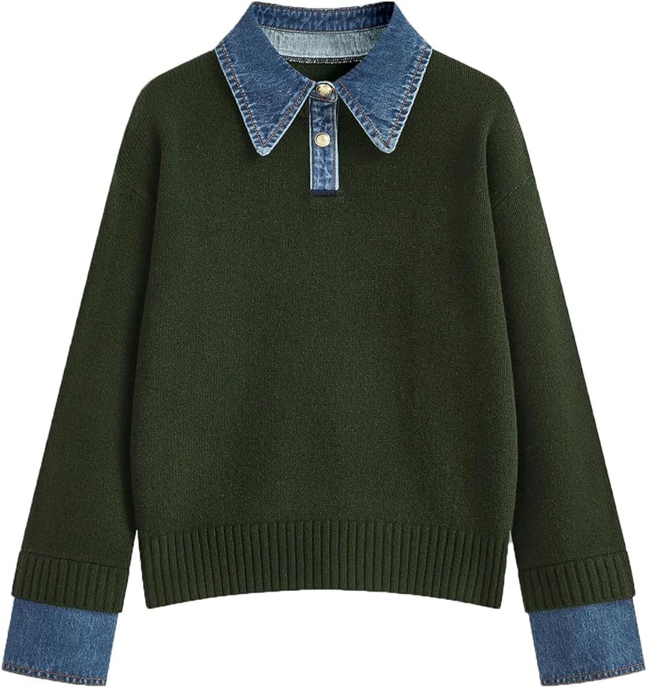 BQDCQB Womens Fall Oversized Long Sleeve Sweaters 2 in 1 Denim Panel Lapel Sweater Polo Knit Swea... | Amazon (US)