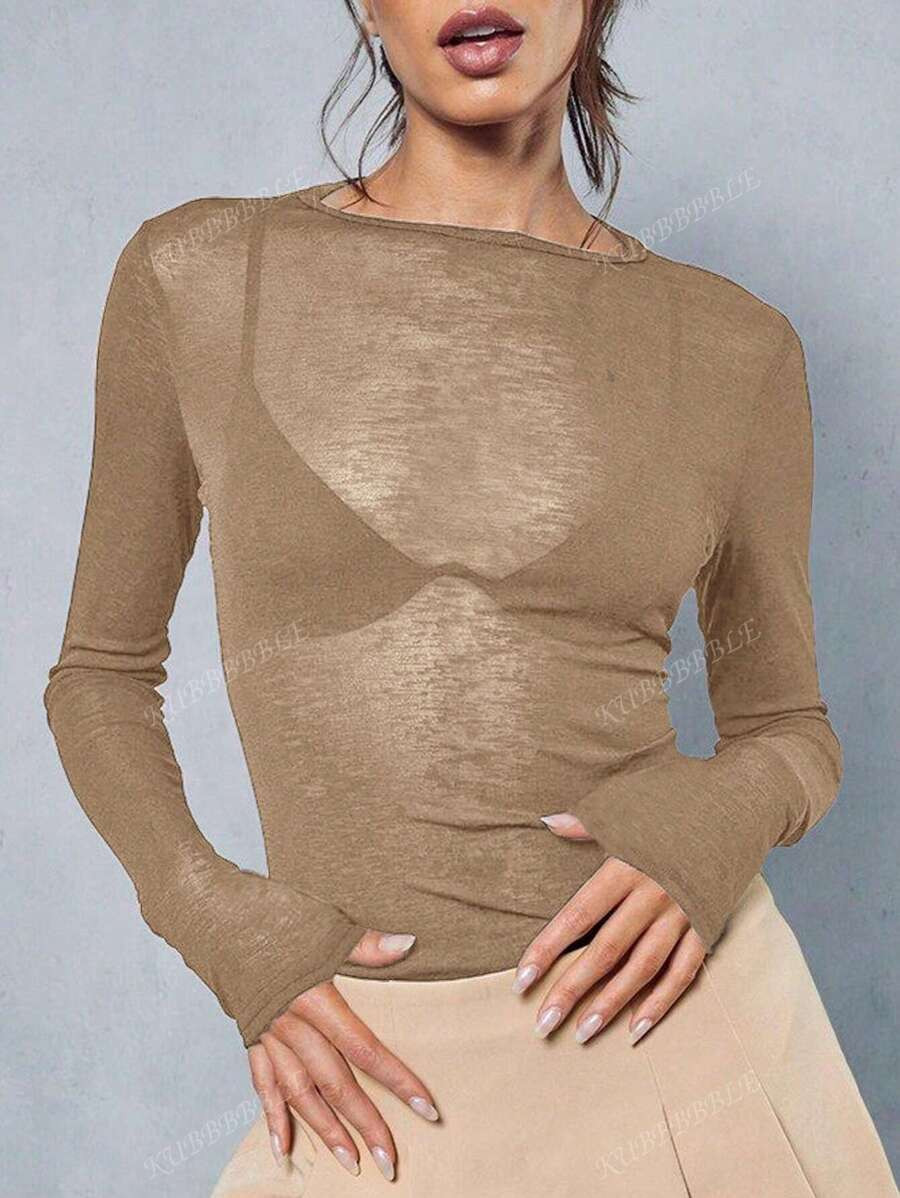 Y2K Stretchy See-Through Long Sleeve Round Neck Slim Fit T-Shirt Going Out Tops | SHEIN