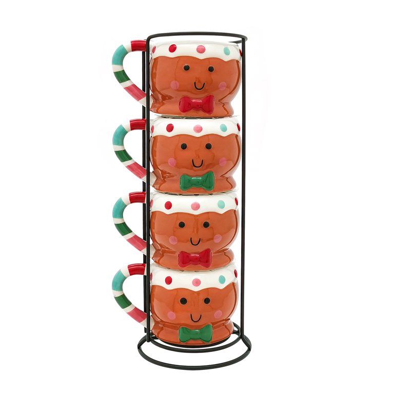 Holiday Time Gingerbread Man Mug Stack, 13.25" H, 13 fl oz capacity, Brown Stoneware - Walmart.co... | Walmart (US)