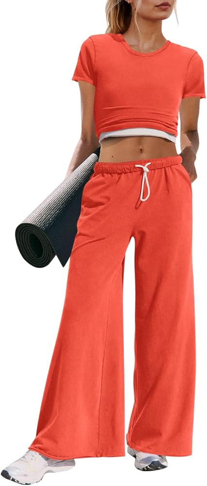 Panadila Womens 2 Piece Lounge Set Matching Workout Sets Summer Crop Tops Wide Leg Pants Going Ou... | Amazon (US)