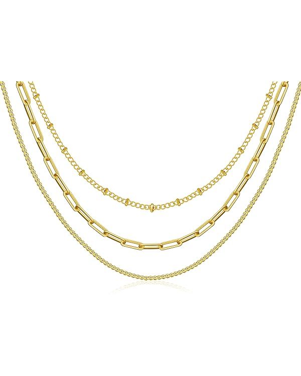 Layered Necklaces for Women Dainty Gold Plated Necklace Set Thin Chunky Paperclip Snake Rope Chai... | Amazon (US)