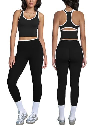 ABOCIW Workout Sets for Women Color Block Gym Set V Neck Racerback Tank Top Built in Bra High Waist Leggings Yoga Pilates Outfits Athletic Work Out Clothes Black X-Small | Amazon (US)