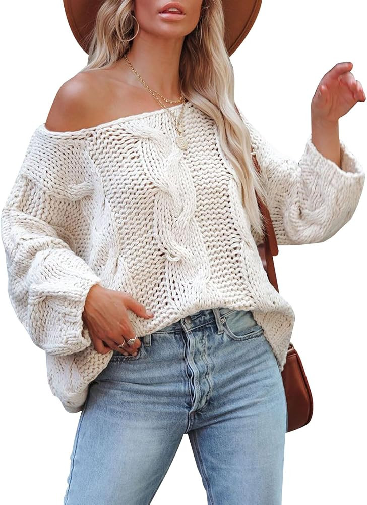 Women's Oversized Knit Crewneck Off Shoulder Long Sleeve Loose Solid Color Pullover Sweater Top | Amazon (US)
