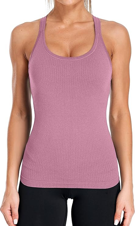 ATTRACO Ribbed Workout Tank Tops for Women with Built in Bra Tight Racerback Scoop Neck Athletic ... | Amazon (US)