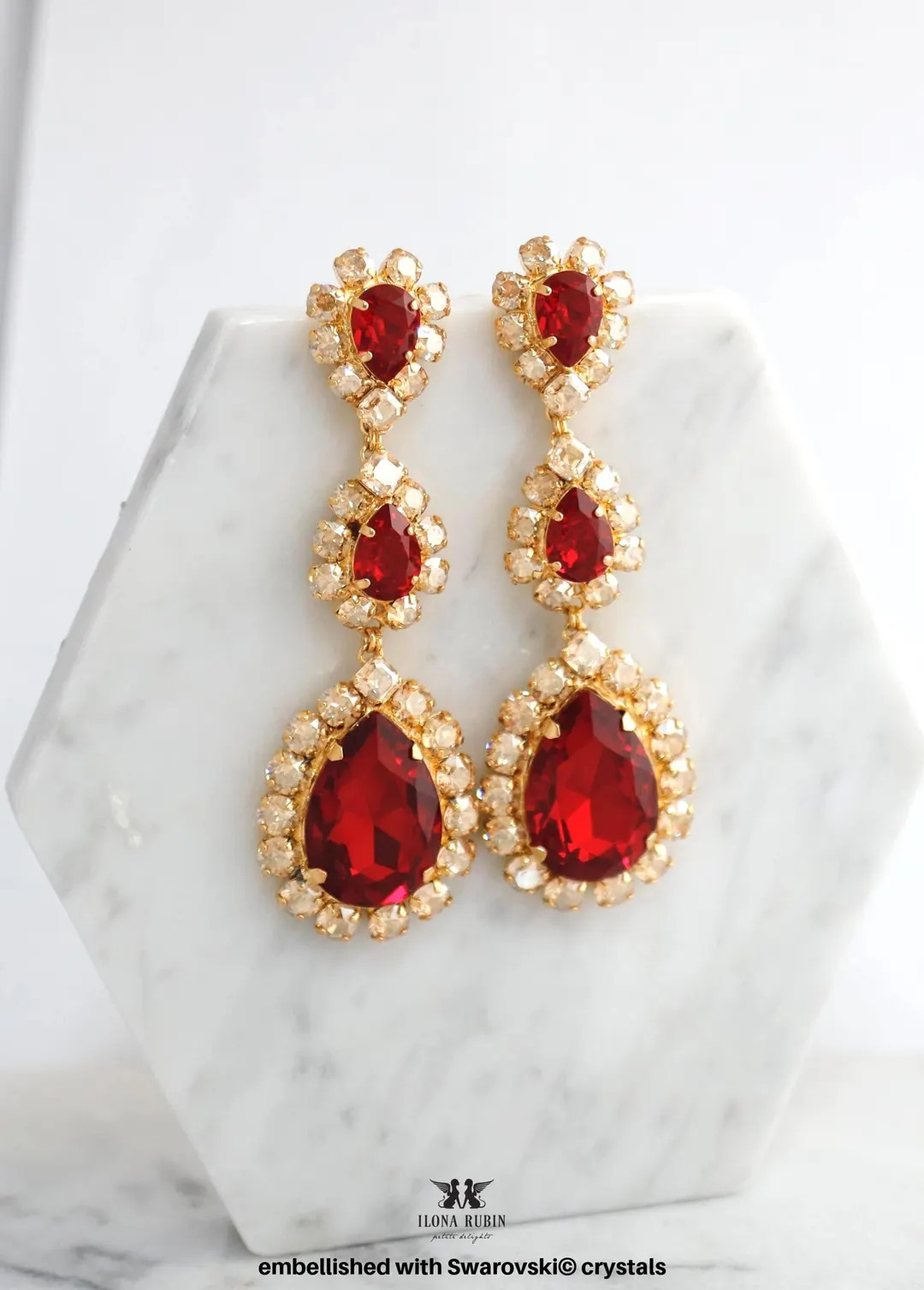 Red Statement Long Crystal Bridal Earring, Ruby Red Oversized Earrings embellished with Swarovski... | Etsy (US)